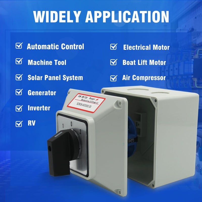 Keymoo 40A Rotary Changeover Switch With Exterior Box, 3 Position 3 Phase 12 Terminals, Universal Selector With AWG 12-10 Yellow Terminals, Cam Box IP65 40/D303.3D - Image 5